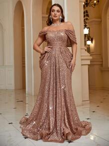 UNITHORSE Plus Size Off Shoulder Criss-Cross Backless High Waisted Ruched Mermaid Sequin Floor Length Prom Dress - Coffee Brown - View 3