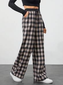 SHEIN Tall Contrast Color Black And White Plaid Versatile Casual Texture Design Loose Trousers - Black and White - View 3