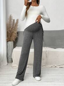 SHEIN Maternity High Waist Ruched Side Bow Adjustable Waist Straight Leg Pants - Dark Grey - View 7