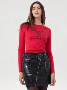 Easelle Áo thun nữ cổ tròn tay dài in họa tiết mạng nhện thu đông màu đỏ - Đỏ - Xem 5