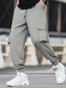Manfinity Homme Men Plus Size Letter Patched Detail Flap Pocket Drawstring Waist Cargo Pants, Fall - Light Grey - View 5