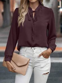 EMERY ROSE 1pc Women Casual Solid Color Lantern Sleeve Tie Collar Blouse, Autumn Fall Cloth For Women - Purple - View 6