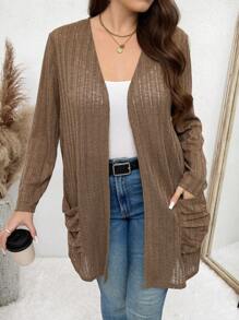 SHEIN LUNE Plus Size Solid Color Long Sleeve Cardigan With Pockets, Minimalist Casual Outerwear Plus Size Fall Clothes - Coffee Brown - View 6