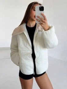 Aloruh 女士简约通勤保暖防风仿羊毛领常规款带口袋加厚外套，杏色 - 杏色 - 查看 1