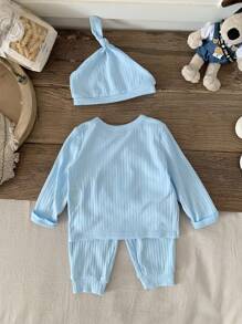 SHEIN 3 pièces Ensemble de pyjama bébé garçon mignon et simple avec pantalon et chapeau à col oblique, manches longues, doux, confortable et respectueux de la peau