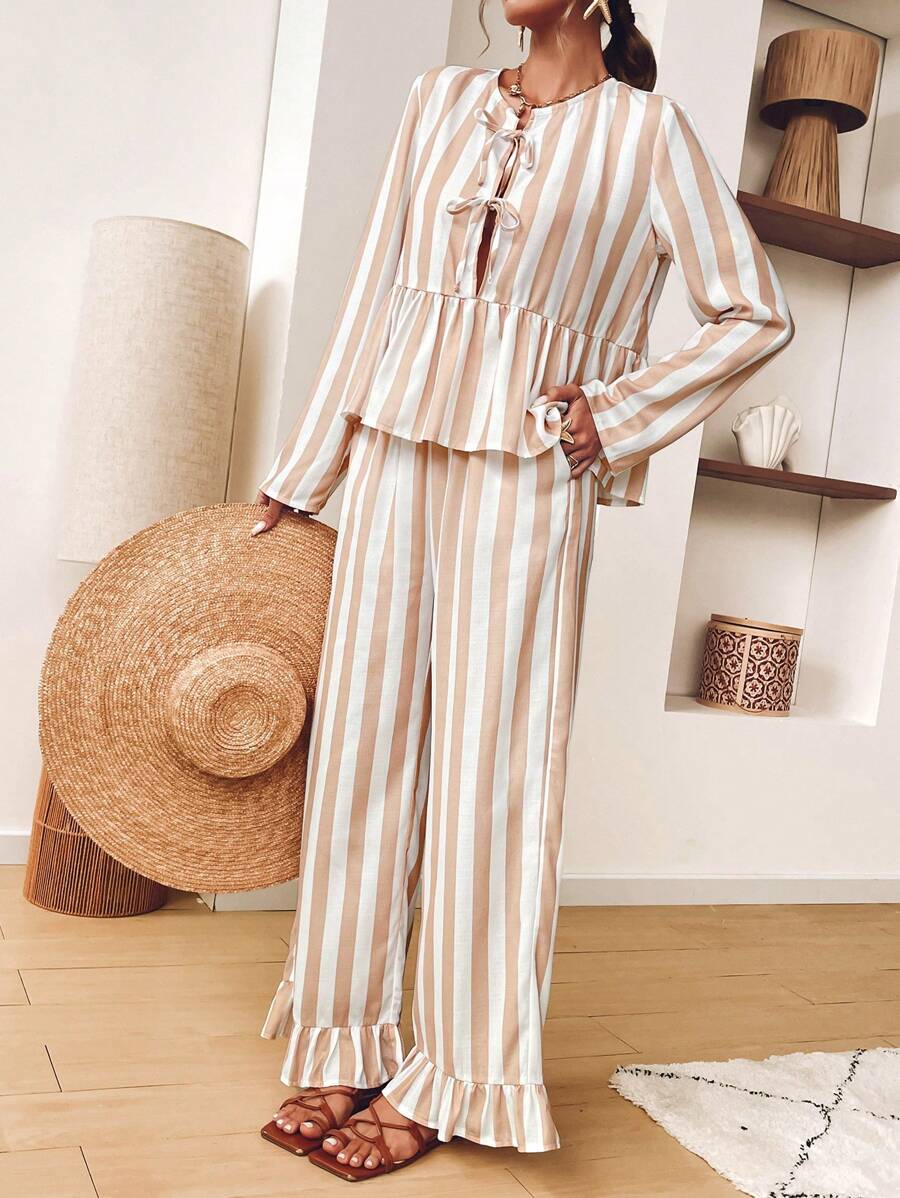 SHEIN VCAY 2pcs/Set Women's Autumn/Winter Ruffle Hem Long Sleeve Shirt And Elastic Waist Striped Palazzo Pants Vacation Outfit,Coffee Day,2pcs/Set Women Casual Tie Bow Suit,Women Fall Sets,Commuter Casual Workplace Office Style Striped,Fall Women,Office Wear Women Set,Women Tops And Straight Leg Trousers Women Clothing Sets,Vest Outfit Sets,Women Fall Sets - Multicolor - View 1