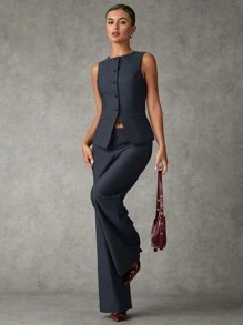 SHEIN BAE Women Summer Solid Color Single Breasted Vest And Pants Daily Commute Suit Outfit Sets Women Fall Sets Winter Women Clothes Suitable For Office Commuting Suit, Office Siren Style - Dark Grey - View 4