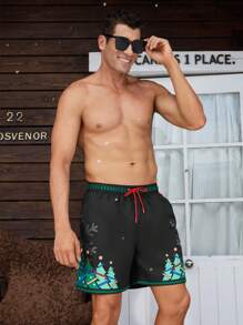 Surfspeed Men's Christmas Theme Printed Casual Drawstring Beach Shorts - Black - View 7