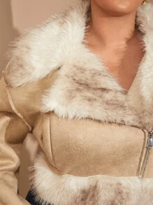 SHEIN BAE Cappotto oversize da donna in pelliccia sintetica, giacca in pelliccia morbida e soffice, con motivo sfumato astratto, giacca corta con colletto e orlo in pelliccia, cappotto invernale in montone - Albicocca - Visualizzare 10