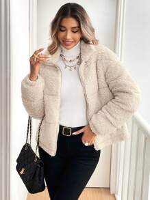 SHEIN Frenchy Áo khoác nữ có túi khóa kéo màu trơn, tay dài mùa đông - Màu be - Xem 4
