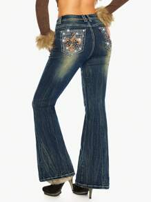 ROMWE J-Fashion Quần Jeans Nữ In Hình Trái Tim Pha Lê Cạp Thấp Phong Cách Harajuku Y2K Màu Tương Phản - Màu xanh lam - Xem 1