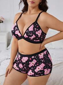 SHEIN X Care Bears Plus Size Black & Pink Sexy & Comfy Bikini Bra And Panty Underwear Set, Kawaii