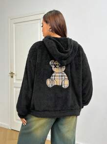 SHEIN EZwear 大码女式熊印花连帽长袖黑色外套，适合冬季