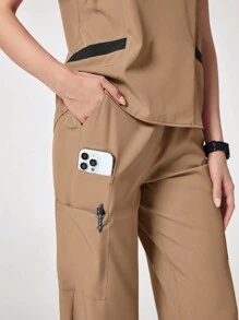 TaskEZ Contrast Color Patchwork Short Sleeve Top & Pants Nurse Uniform Scrub Set - Khaki - View 6