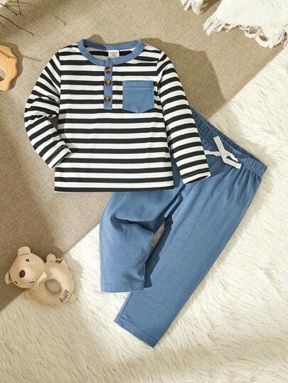 SHEIN Vintaside Kids 男嬰條紋圖案補丁貼口袋T恤&前繫帶長褲