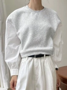 DAZY 女士圆领针织拼布二合一运动衫，秋季服装 - 灰色 - 查看 6