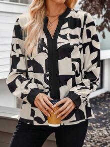 EMERY ROSE Dames V-hals Lange Mouw All-Over Print Minimalistische Casual Blouse, Voor Dagelijks Gebruik