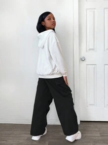 SHEIN Leap Crew 2 件/套 Tween 女童字母印花连帽衫，带口袋和宽松裤子，休闲装