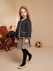 PrepCrw Young Girls' Brown Plaid Pattern Black Long Sleeve Round Neck Winter Coats, Autumn/Winter - Black - View 5