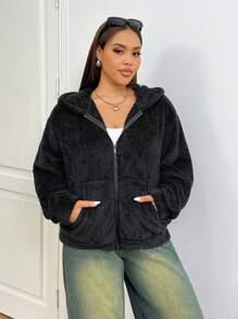 SHEIN EZwear 大码女式熊印花连帽长袖黑色外套，适合冬季