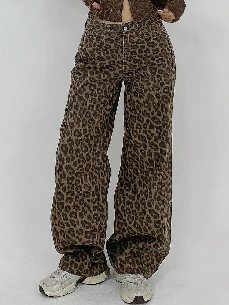 Women's Loose Straight Leg Leopard Print Denim Jeans