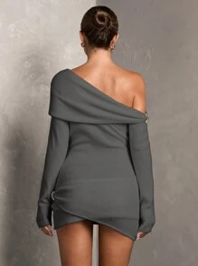 SHEIN BAE Women's Solid Color Asymmetric Neck Long Sleeve Elegant Mini Dress, Autumn