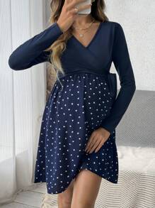 SHEIN Maternity Crossover V-Neck, Side Tie Detail, Heart Print Hem Long Sleeve Nursing Dress