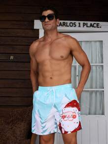 Manfinity Swimmode Pantalones cortos de playa con cordón en la cintura, bolsillos laterales y estampado de Papá Noel y copos de nieve para hombre, verano
