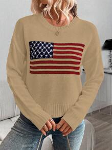 SHEIN LUNE Suéter casual de hombros caídos con diseño de bandera de EE. UU. para otoño/invierno, jersey de punto de otoño - Caqui - Ver 3