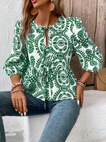 Breezaya Front Tie Neck All-Over Print Ruffle Hem Blouse - Green - View 4