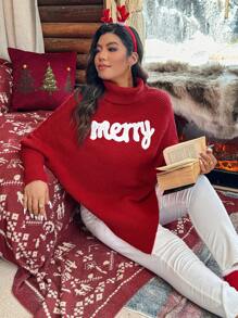 Calvaya 大码字母印花不对称下摆高领长袖毛衣