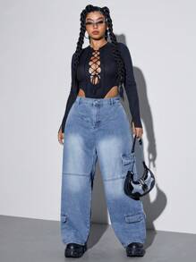 大码休闲洗水宽松直筒牛仔工装裤 - 淺色水洗藍 - 查看 5