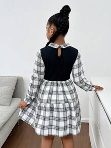 SHEIN Leap Crew Tween Girls Casual Street Style Black & White Plaid Patchwork Ruched Flared Hem Collar Long Sleeve Dress, Suitable For Autumn/Winter - Black - View 2