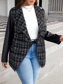 SHEIN LUNE Plus Size Jednolity Kolor Patchwork Długi Rękaw Prosta Kurtka, Swobodny Codzienny Ubiór Plus Size Jesienne Ubrania