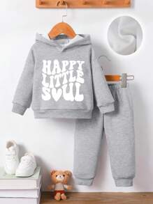 Bộ đồ 2 món cho bé gái, gồm áo nỉ in chữ và trái tim và quần, thời trang thường ngày có lót giữ nhiệt, phù hợp cho mùa thu/đông - Xám - Xem 3