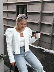 Chiquease 1 件女式纯色拉链纹理羊腿袖夹克，秋季 - 白色 - 查看 4