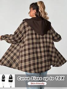 SHEIN CURVE+ 大码女式格子印花抽绳连帽外套，秋装 - 彩色 - 查看 1