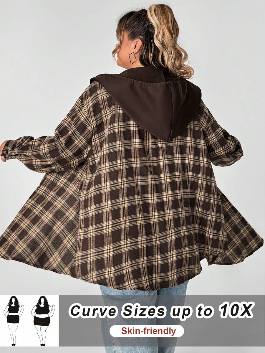 SHEIN CURVE+ 大码女式格子印花抽绳连帽外套，秋装 - 彩色 - 查看 1