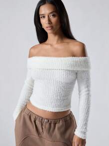 LYSMO 1 pieza Camiseta cropped ajustada de manga larga de punto falso con hombros descubiertos cómoda para mujer - Blanco - Ver 3