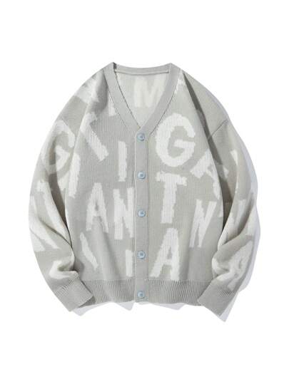 Manfinity Hypemode Cardigan en tricot à manches longues, boutonnage devant, imprimé lettres, pour homme, pour l'automne et l'hiver