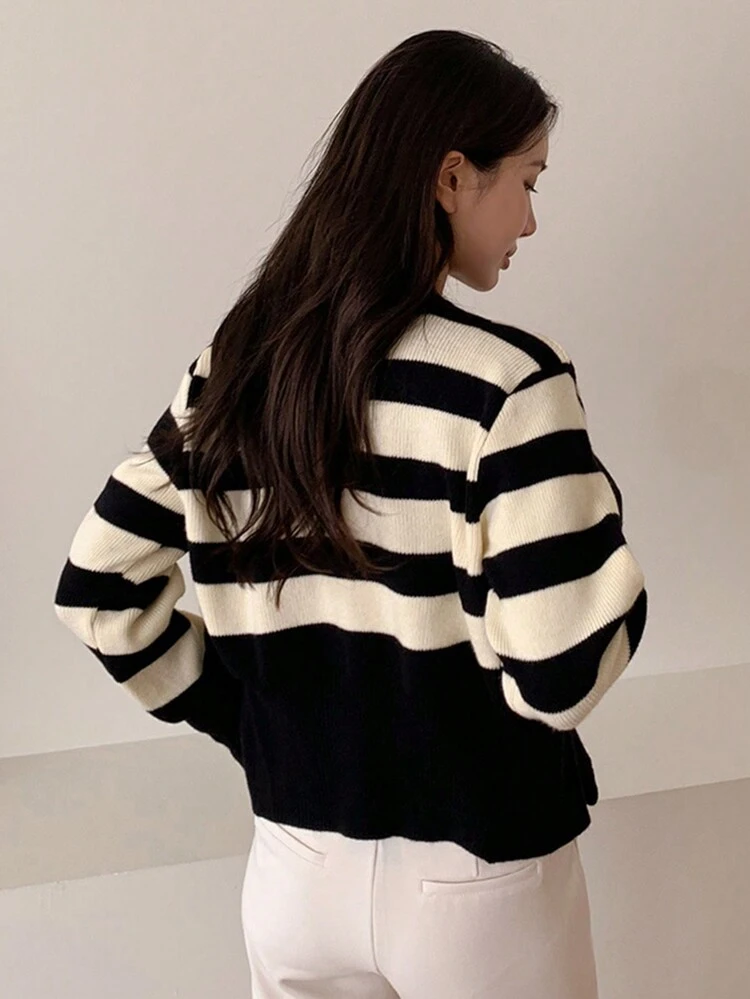 Women Contrast Color Patchwork Striped Dual-Hemline Elegant Cardigan Sweater,Fall Clothes