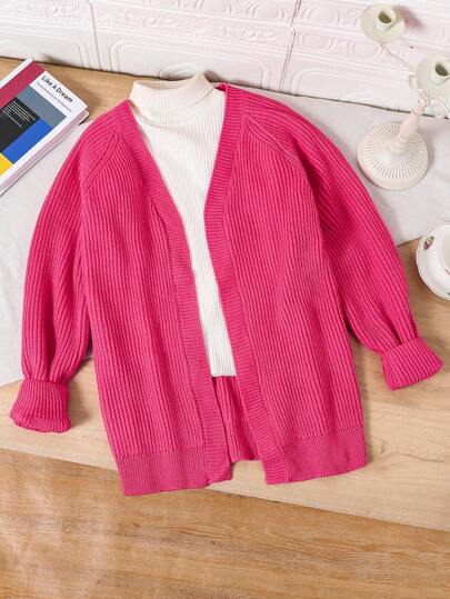 青少年女孩休闲紫红色开衫，适合青少年女孩，时尚女孩 V 领灯笼袖中长针织开衫，纯色