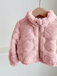 SHEIN LMoss Kids LMoss Autumn/Winter Cute Casual Versatile Heart Pattern Fluffy Long Sleeve Stand Collar Jacket For Baby Girls