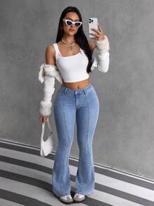 SHEIN EZwear 女式口袋喇叭休闲百搭牛仔裤 - 藍色 - 查看 4