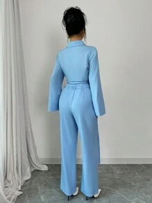 Elenzga 2 件套女士休闲纯色喇叭袖打结腰衬衫和裤子套装，秋季 - 藍色 - 查看 2