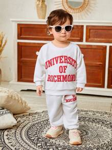 SHEIN Bộ 2 món áo nỉ dài tay in khẩu hiệu đơn giản phù hợp cho trẻ sơ sinh và trẻ mới biết đi, thích hợp mặc ngoài trời và trong nhà - Màu Khaki - Xem 5