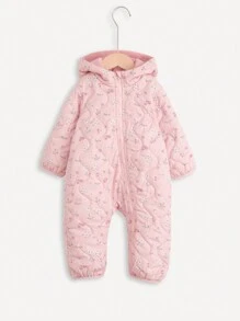 Baby Girl Ditsy Floral Hooded Long Sleeve Jumpsuit, Casual Daily Wear - Pink - View 1