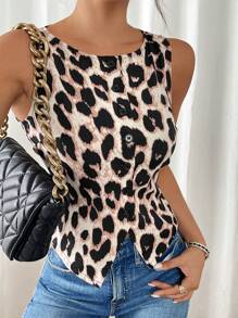 SHEIN Frenchy Women's Fashion Leopard Print Front Button Back Belt Waist Cinch Sleeveless Lightweight Waistcoat,Casual Daily Wear,Commuter Thin Blazer,Leopard Top,Inside Out Women,Simple,Office,Old Money - Multicolor - View 1