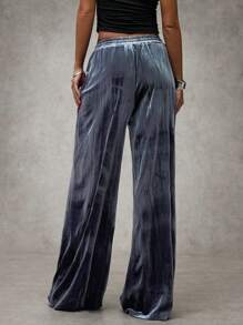 SHEIN BAE بنطلون رمادي نسائي طويل للموضة العصرية، متنوع الاستخدام من اليومي إلى السهرات، بقصة مستقيمة مريحة بخصر مرن ومطوي من القطيفة اللامعة - الأسود - مشاهدة 2