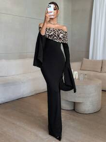 Firerie 1 pieza Vestido elegante de mujer con estampado de leopardo, manga de campana y hombros descubiertos